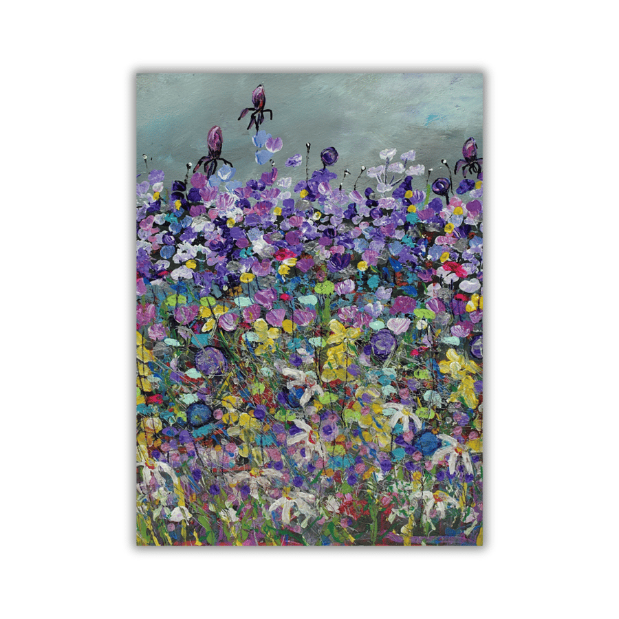 A colourful mounted painting of Scottish wildflowers - acrylic on card