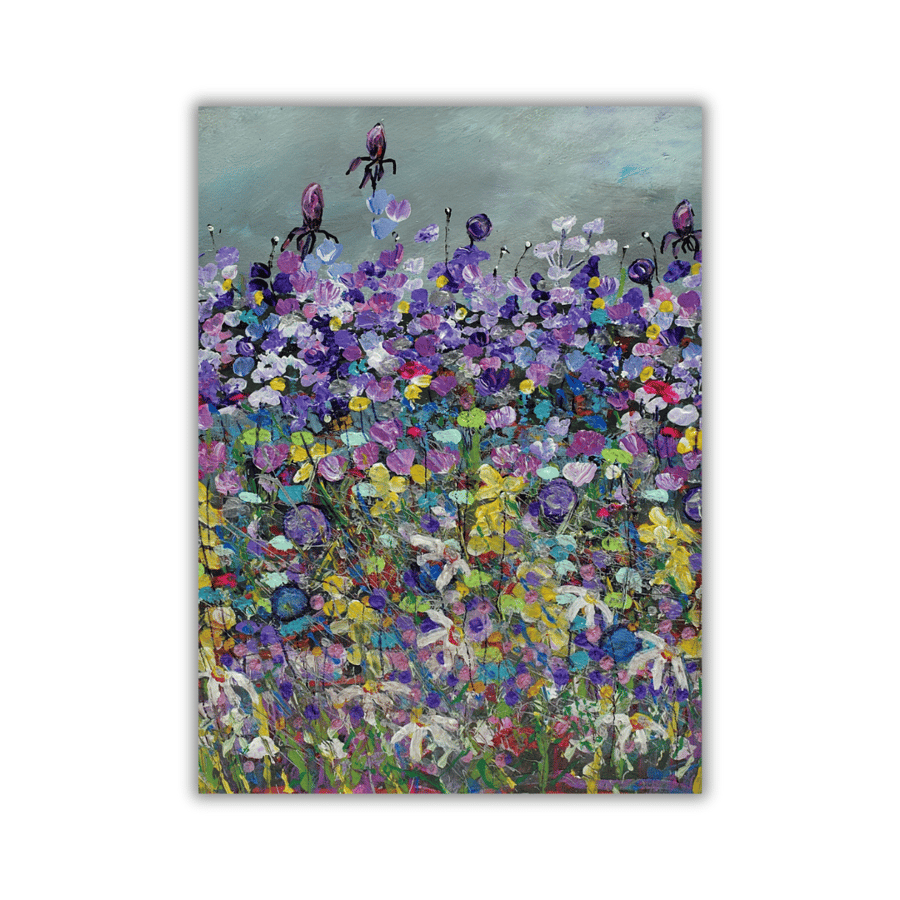 A colourful mounted painting of Scottish wildflowers - acrylic on card