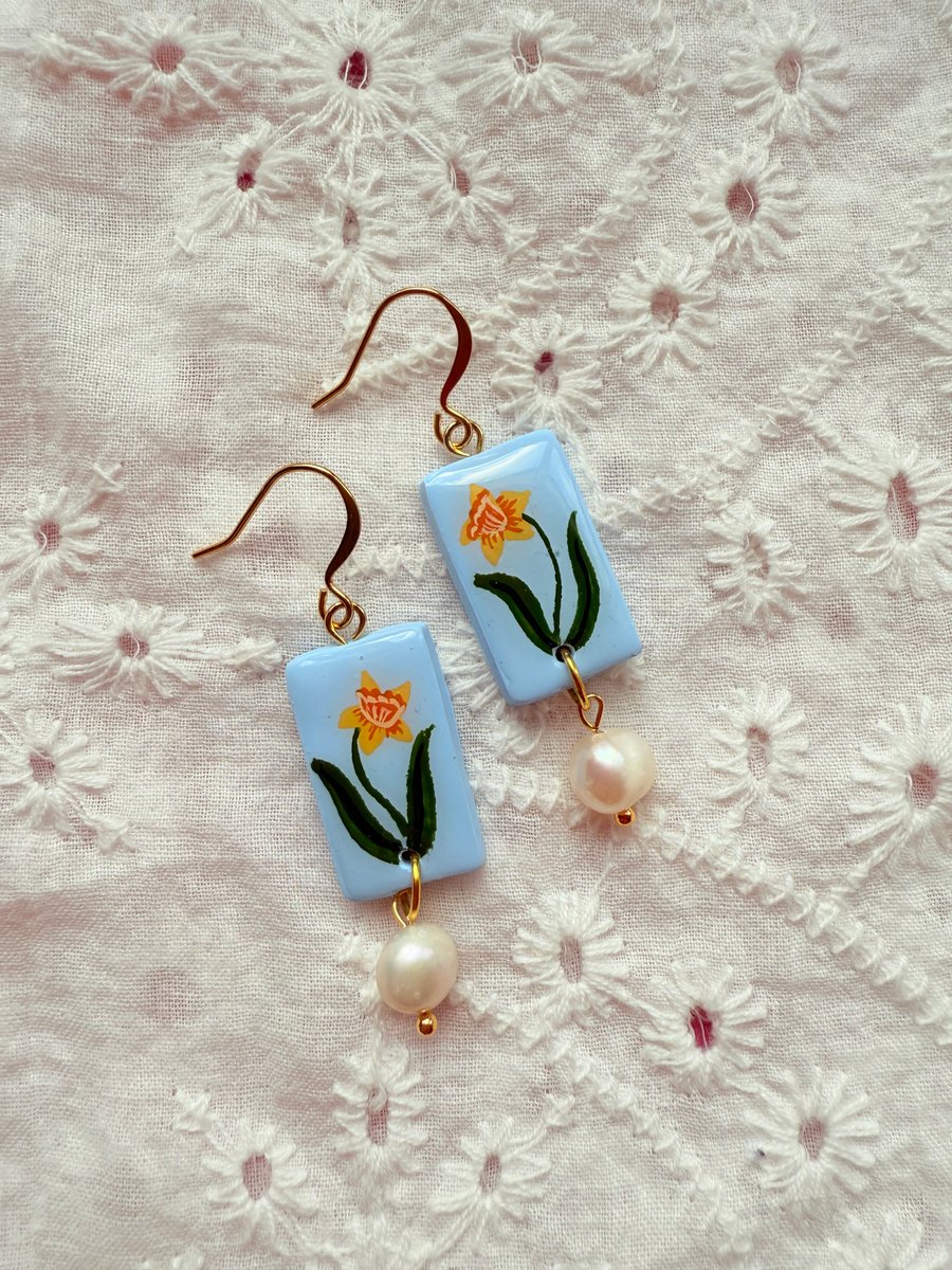 Daffodil Rectangle Pearl Drop Polymer Clay Earring - FREE SHIPPING
