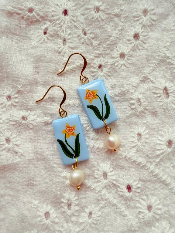 Daffodil Rectangle Pearl Drop Polymer Clay Earring - FREE SHIPPING