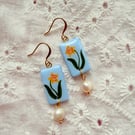 Daffodil Rectangle Pearl Drop Polymer Clay Earring - FREE SHIPPING