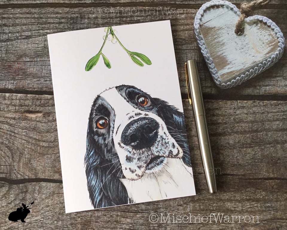 Spaniel Christmas Card. Black Springer or working cocker spaniel dog card.