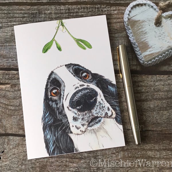 Spaniel Christmas Card. Black Springer or working cocker spaniel dog card.