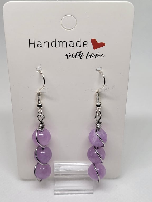 Purple Morganite Spiral Earrings Natural Stone Stainless Steel Handmade