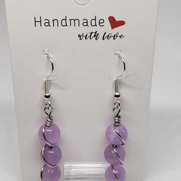 Purple Morganite Spiral Earrings Natural Stone Stainless Steel Handmade