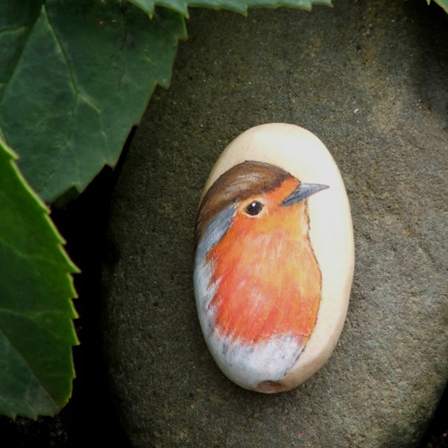Hand painted wooden bead - Robin, 35 x 20mm