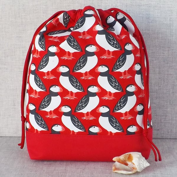 Project bag, drawstring bag, puffins.