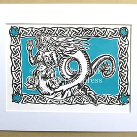 The Mermaid - Turquoise - Gold - White Variations - Lino Print - Limited Edition