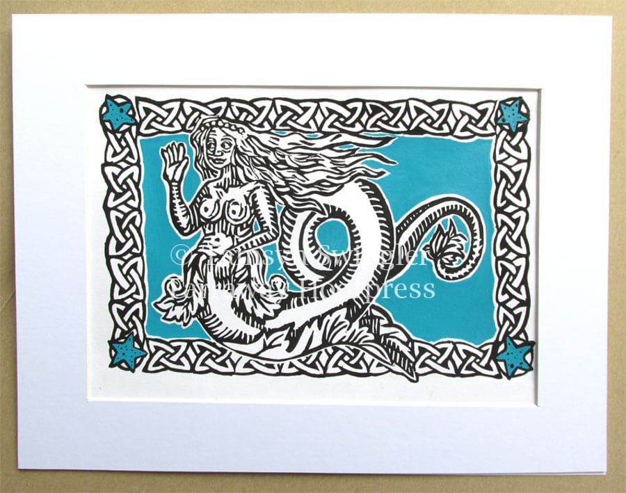 The Mermaid - Turquoise - Gold - White Variations - Lino Print - Limited Edition