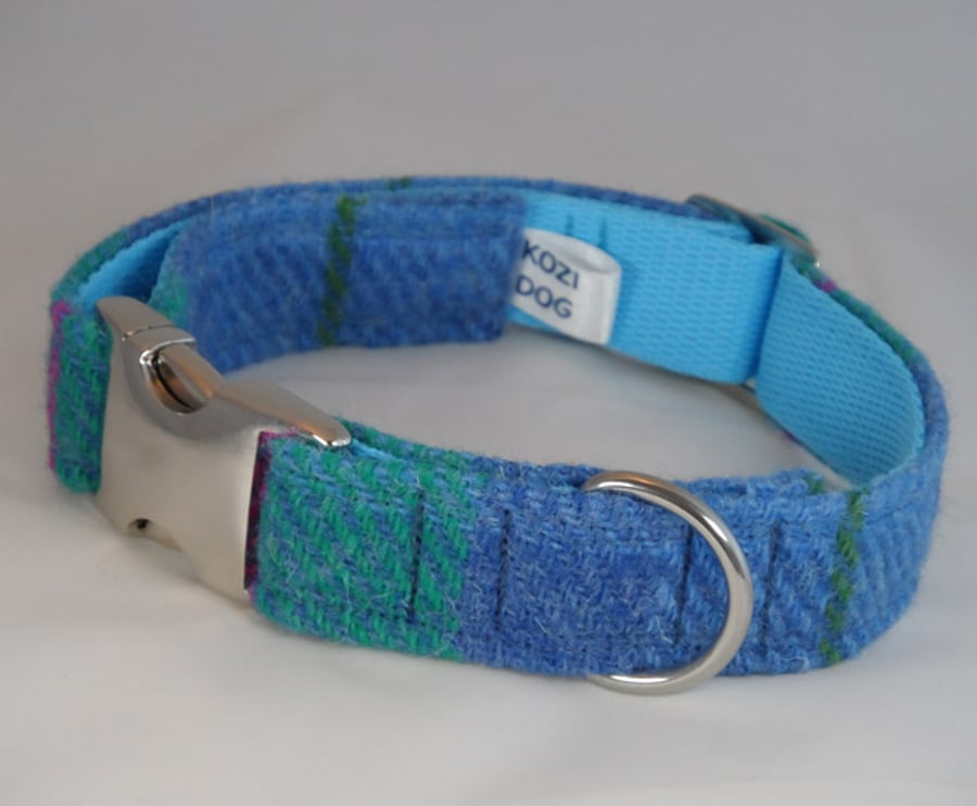 Handmade Harris Tweed Dog Collar -Turquoise Tartan 