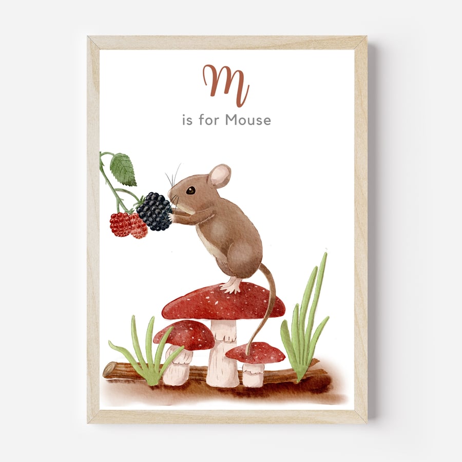 Cute Mouse and Blackberries Woodland Animal Nursery Wall Art Decor Print