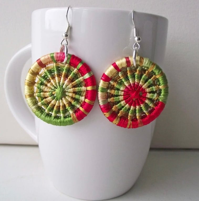 Dorset Button Earrings, Gold, Yellow, Green, Red, Viscose Silk