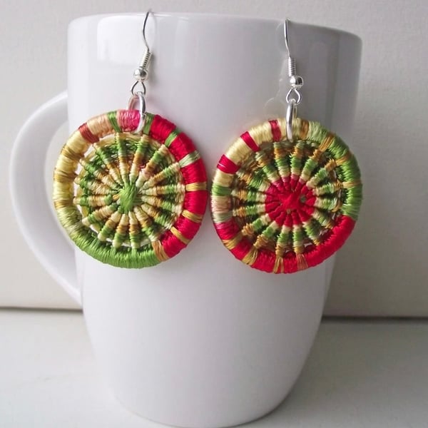 Dorset Button Earrings, Gold, Yellow, Green, Red, Viscose Silk