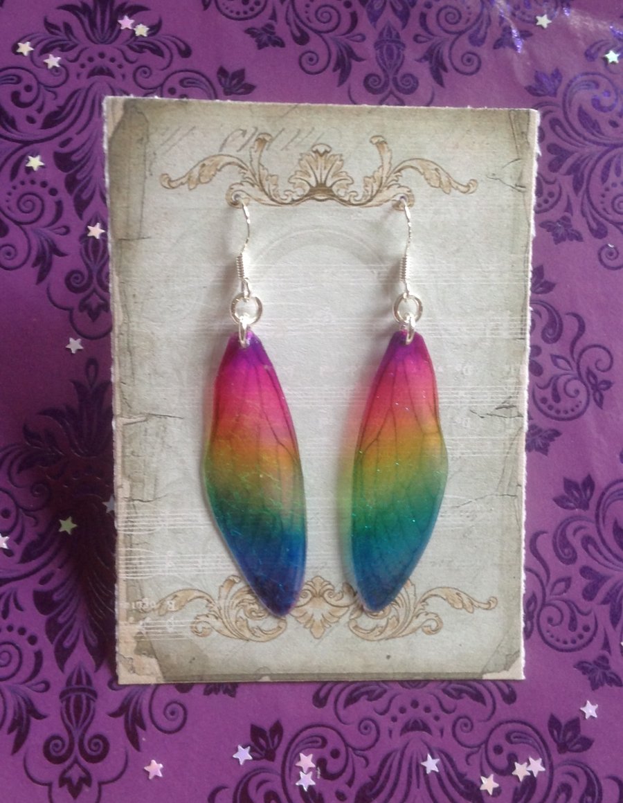 Blue Tipped Raibow Medium Fairy Wing Sterling Silver Earrings