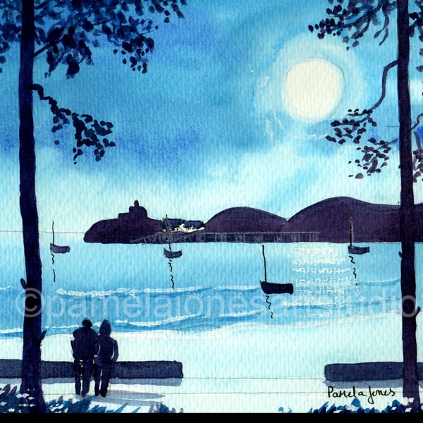 Moonlit Walk To Mumbles, Watercolour Print, in 14 x 11'' Mount