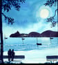 Moonlit Walk To Mumbles, Watercolour Print, in 14 x 11'' Mount - Image 1