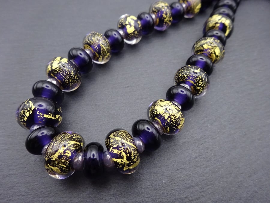 lampwork glass necklace, sterling silver, purple and gold leaf