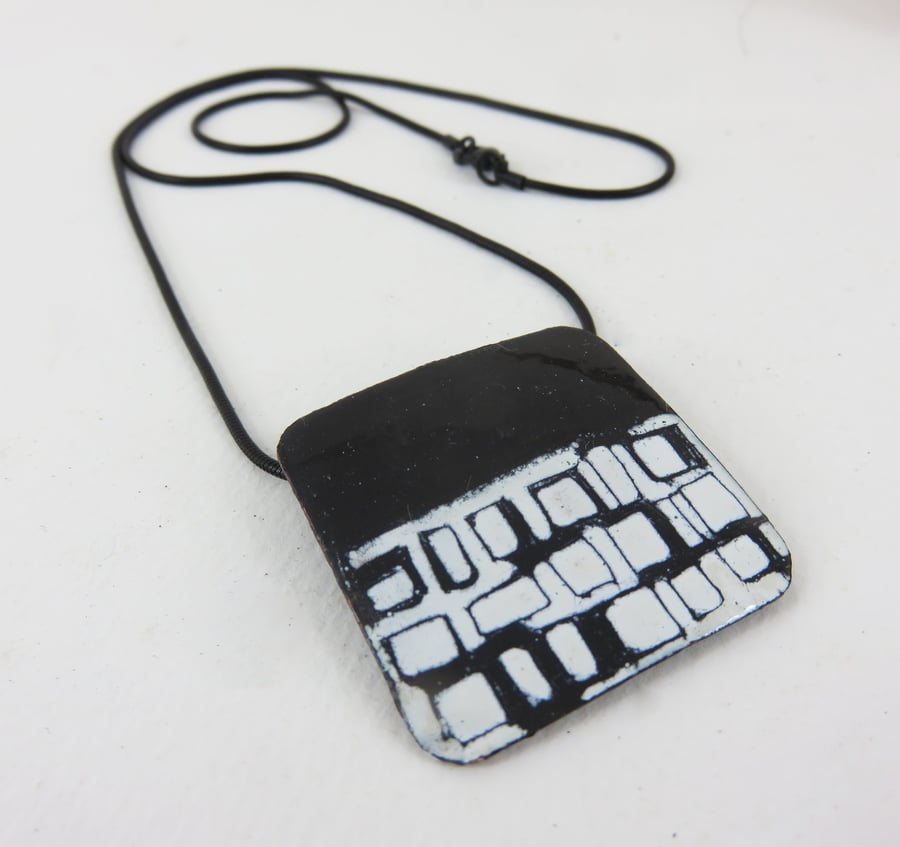 Square Enamel Pendant with Hand Drawn Square Pattern
