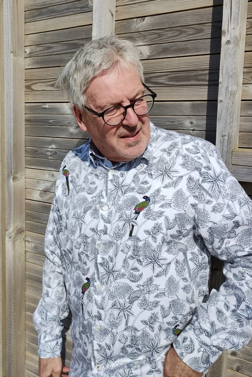 Mens white fine cotton shirt with black overall print and hand-embroidery