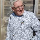 Mens white fine cotton shirt with black overall print and hand-embroidery