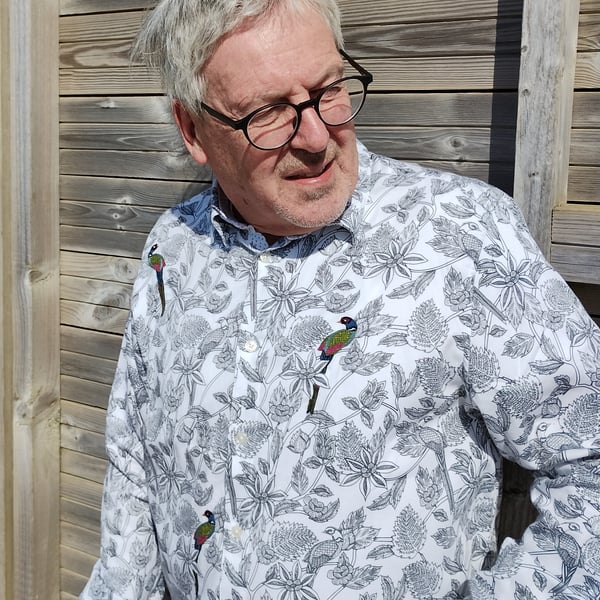 Mens white fine cotton shirt with black overall print and hand-embroidery