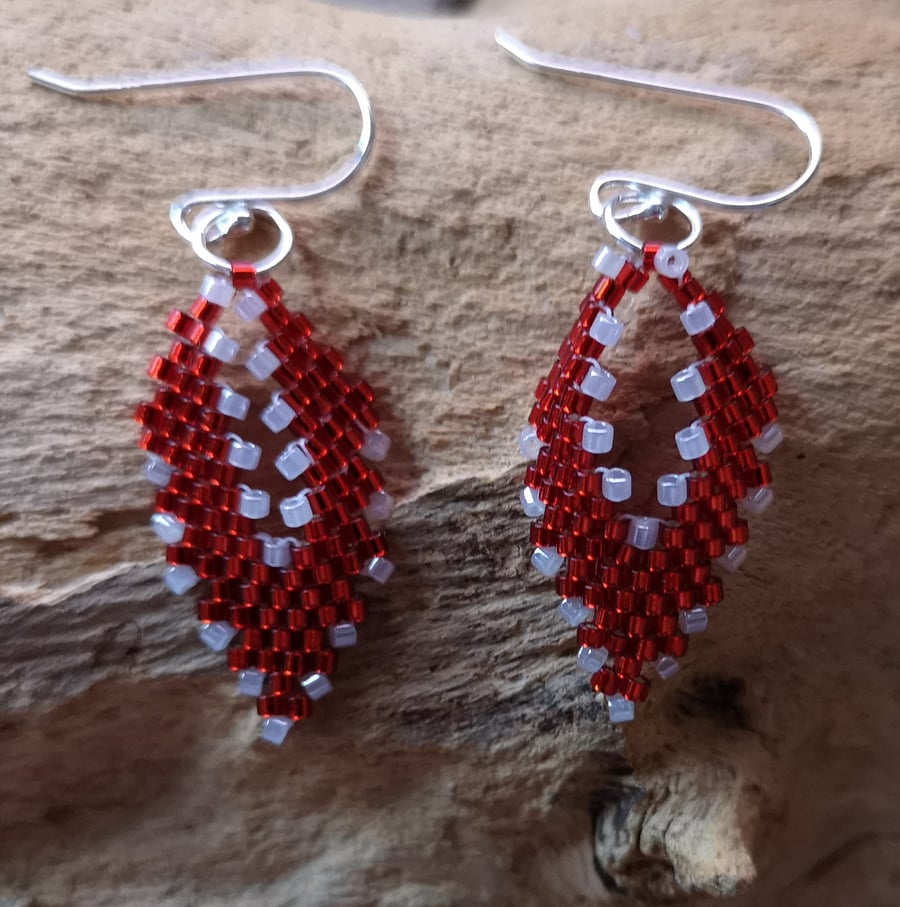 Red and white seed beaded leaf sterling silver earrings 