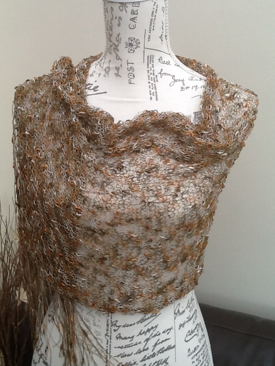 Lacy Bronze Tones Ilaria Calenzano Italian Designer Yarn Knitted Shoulder Wrap