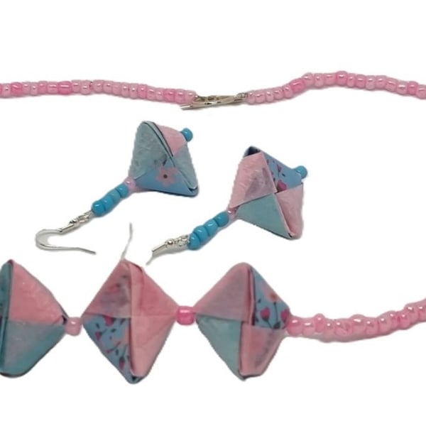 Paper necklace and earrings set; pink and blue floral design