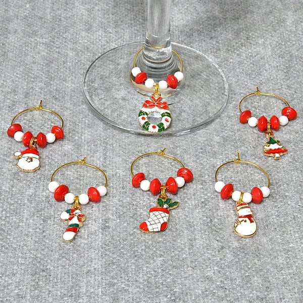 Christmas Wine Glass Charms with Red and White Glass Beads