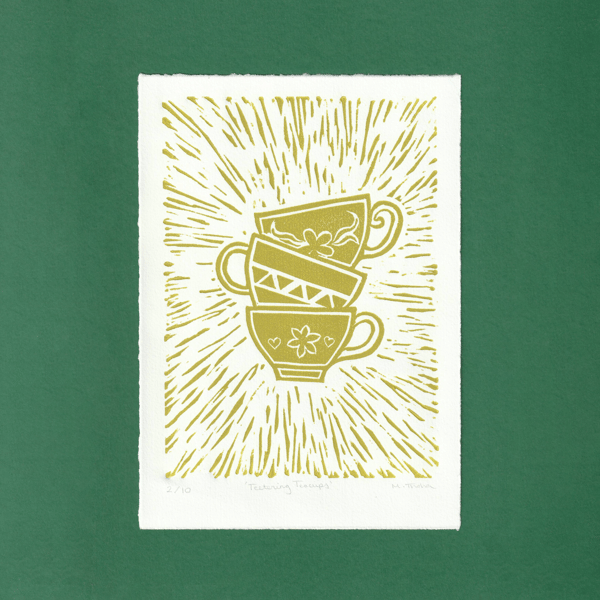 Teetering Teacups A5 lino print