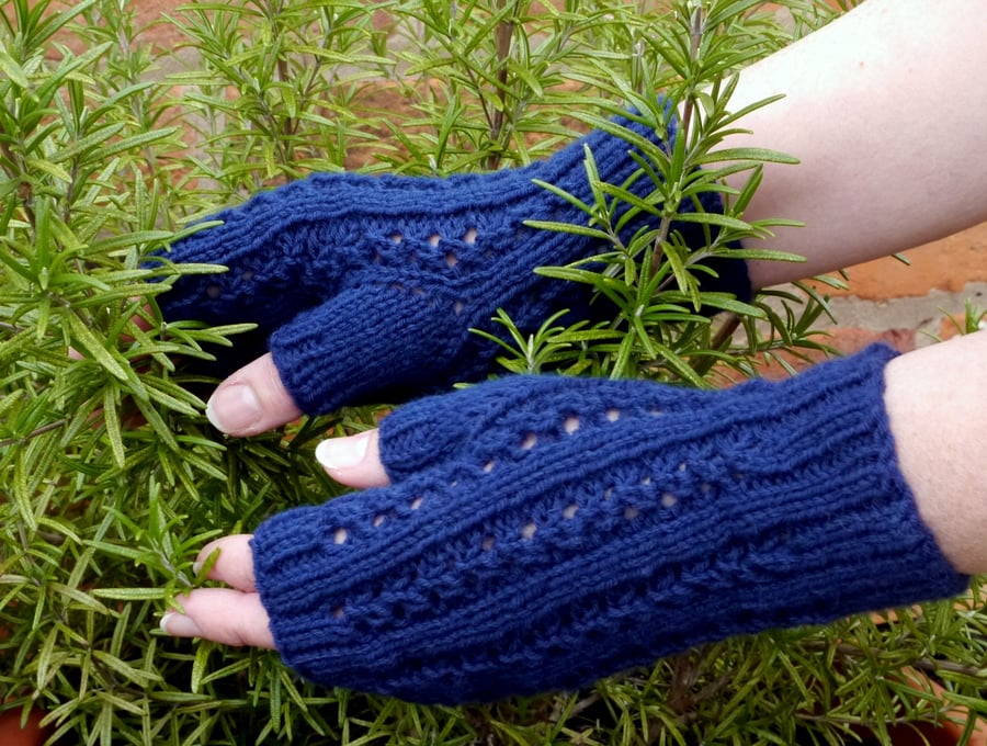 Fingerless Gloves Blue Ribbed
