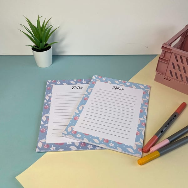 A5 Notepad - Pink and Blue Cherries