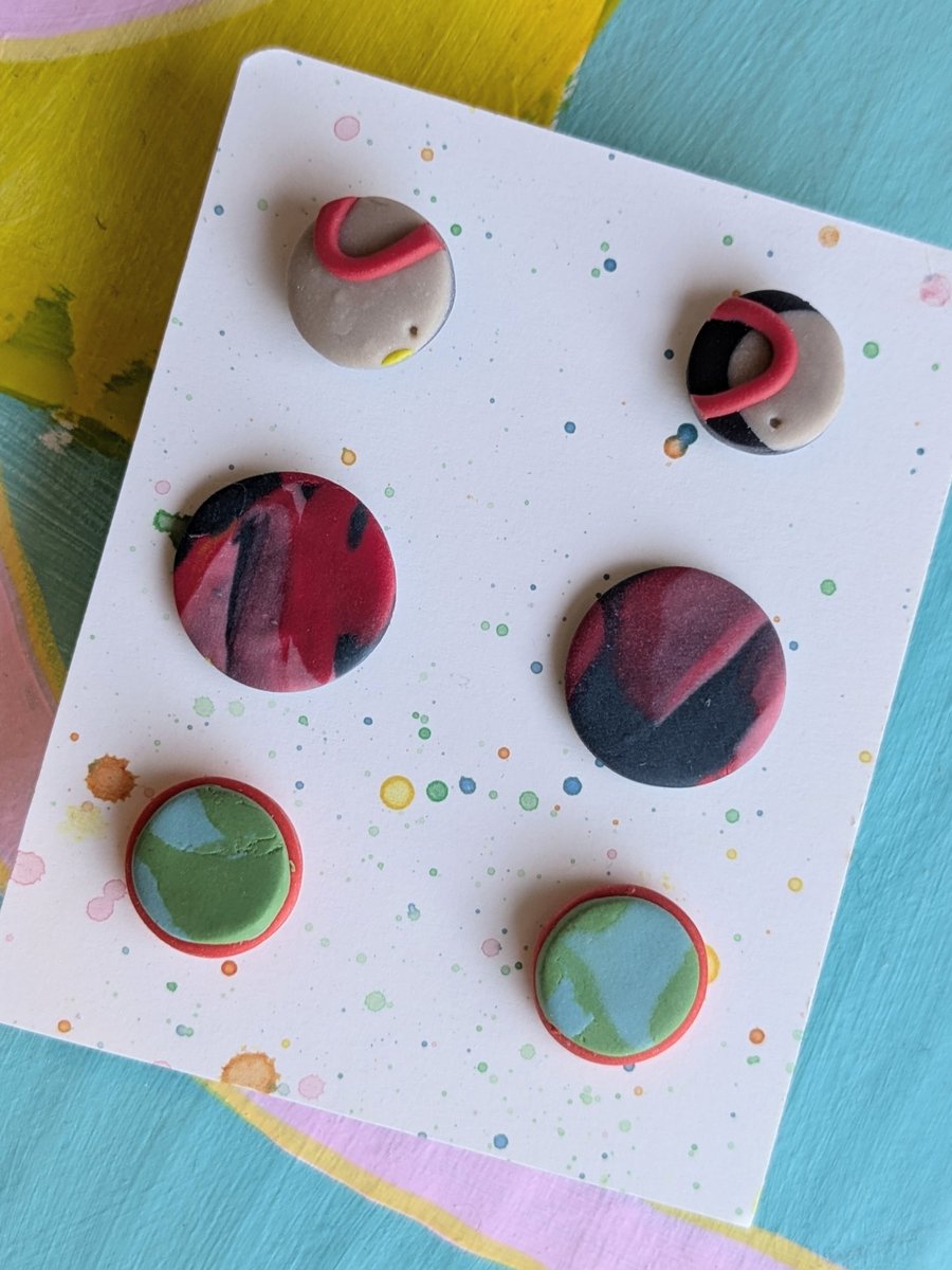Set of 3 polymer clay stud earrings - in reds, greens and blues