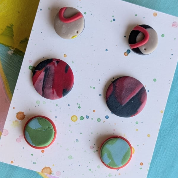 Set of 3 polymer clay stud earrings - in reds, greens and blues