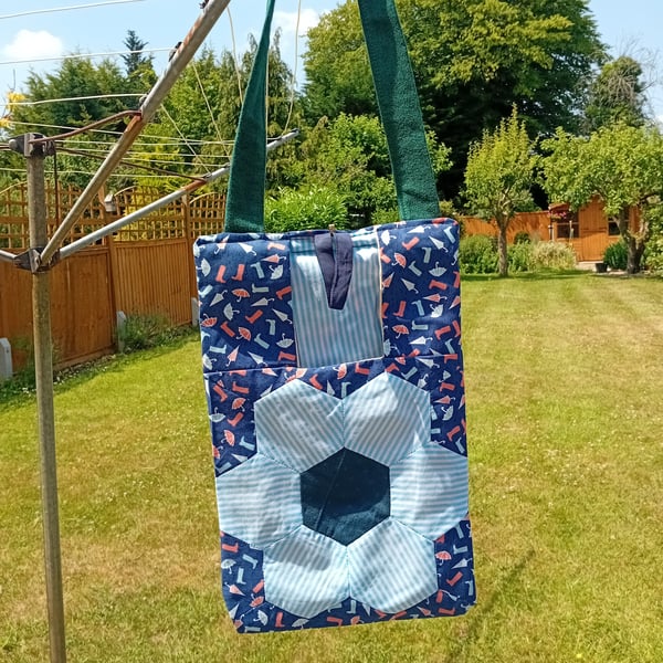 Patchwork peg bag with shoulder strap. Fun "rainy day" fabric. 