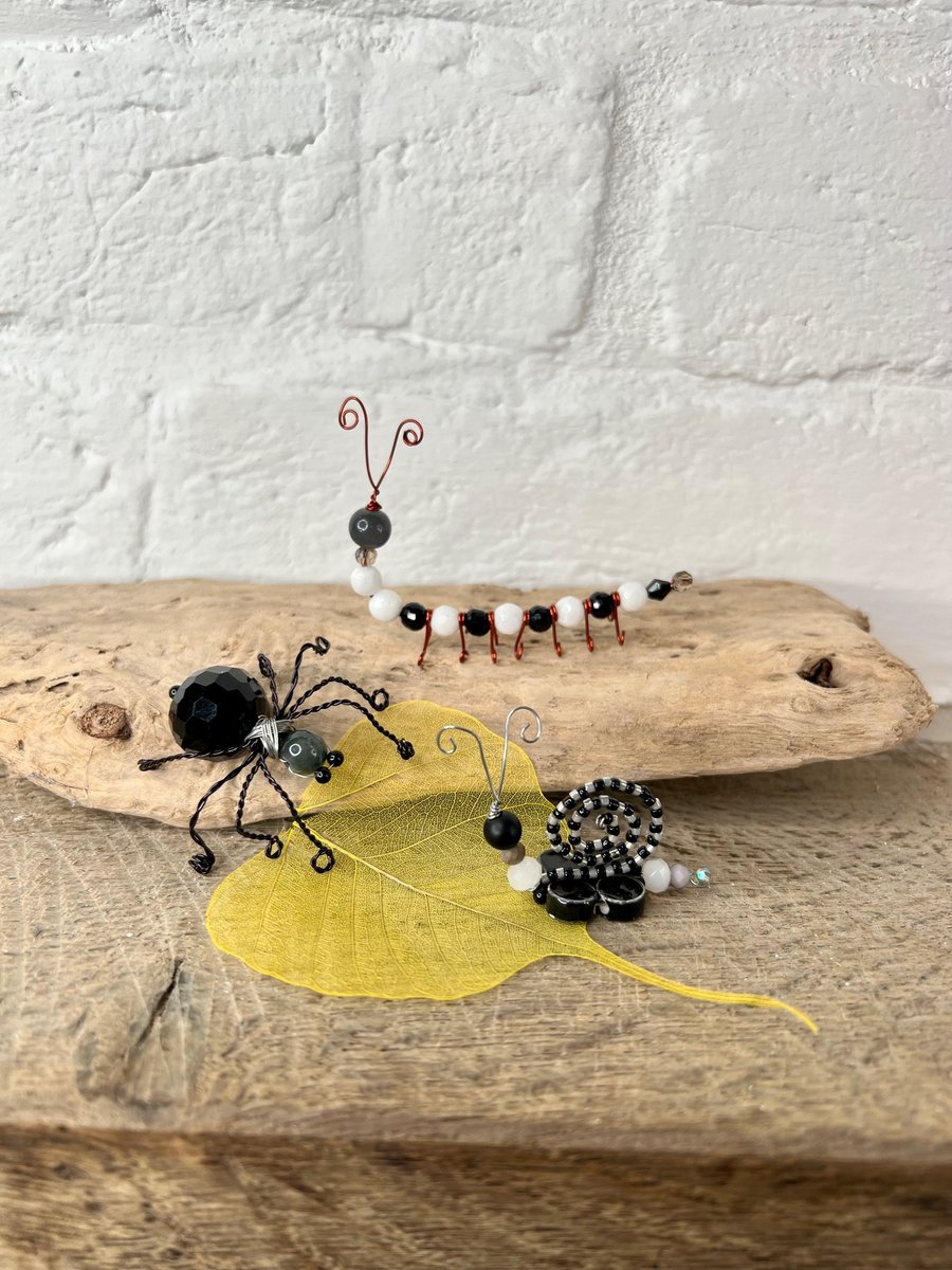 Handmade Set Of 3 Beaded Bugs Black & White