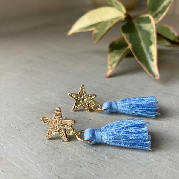 Pale Blue & Gold Star Tassel Earrings