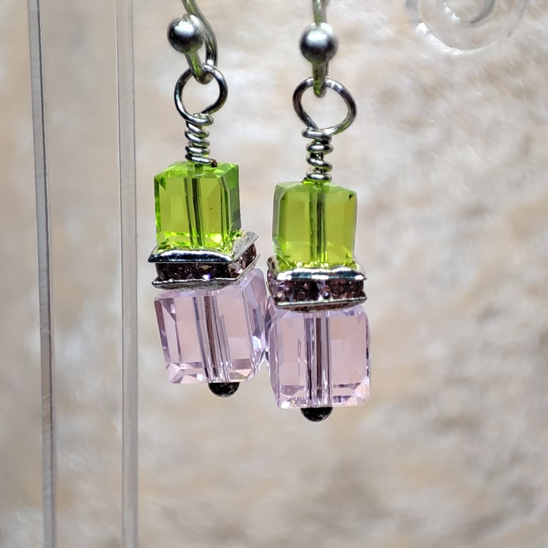 Crystal earrings with silver plated wires, pink and green 