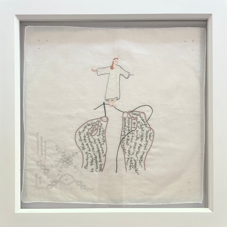 'Blind Faith'; Hand embroidery on vintage handkerchief 