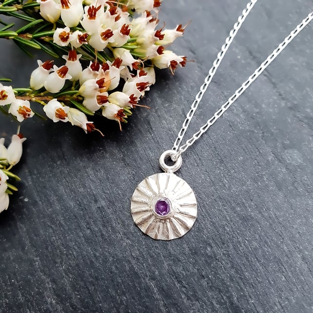 Daisy Pendant with Amethyst Cubic Zirconia - Recycled Silver Flower Necklace