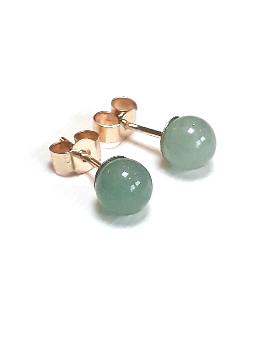 9CT Gold Stud Earrings with Green Aventurine, 6mm Round Stones