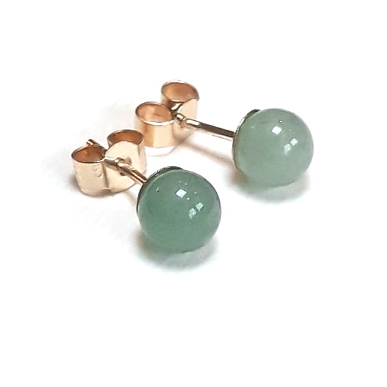 9CT Gold Stud Earrings with Green Aventurine, 6mm Round Stones