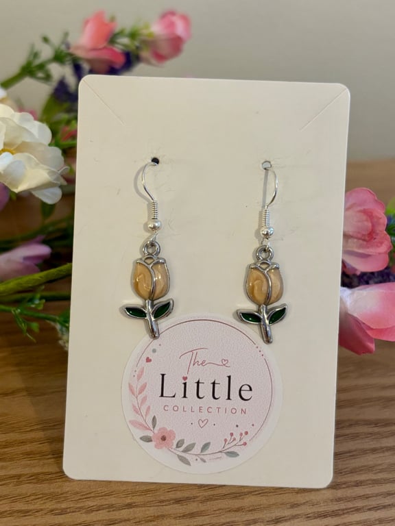 Gold Tulip Dangle Earrings, Enamel Floral Charms, Handmade Jewellery