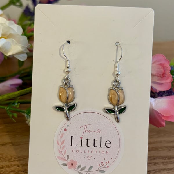 Gold Tulip Dangle Earrings, Enamel Floral Charms, Handmade Jewellery