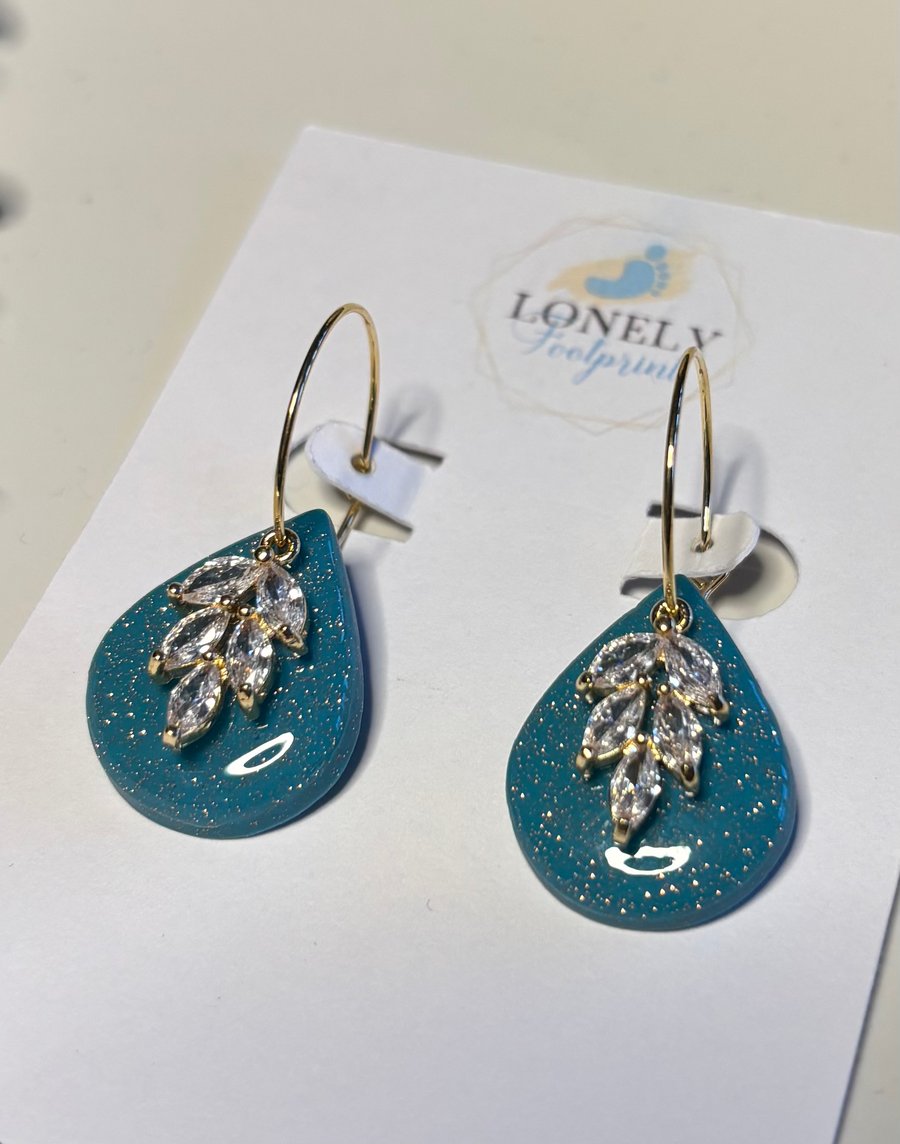 Teal Teardrop and CZ Charm Polymer Clay Earrings - Handmade Jewellery 