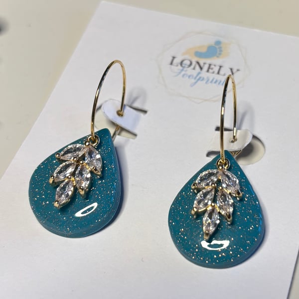 Teal Teardrop and CZ Charm Polymer Clay Earrings - Handmade Jewellery 