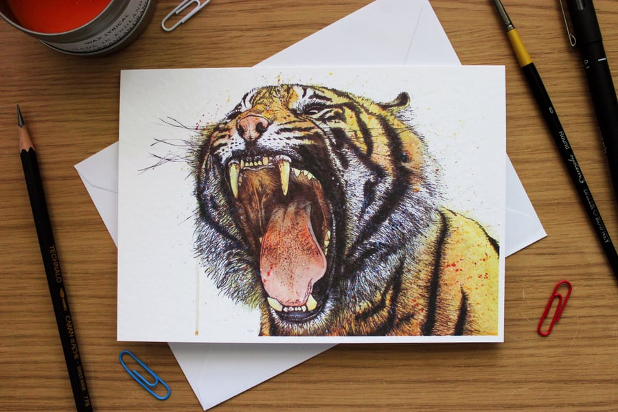 Tiger Greeting Card - Blank Greeting Card, Wildlife Art Card, Free UK Post