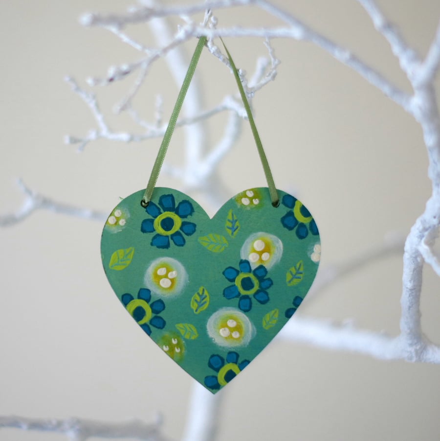 Mint Green Hanging Heart with Turquoise Flowers, Spring Floral Decoration