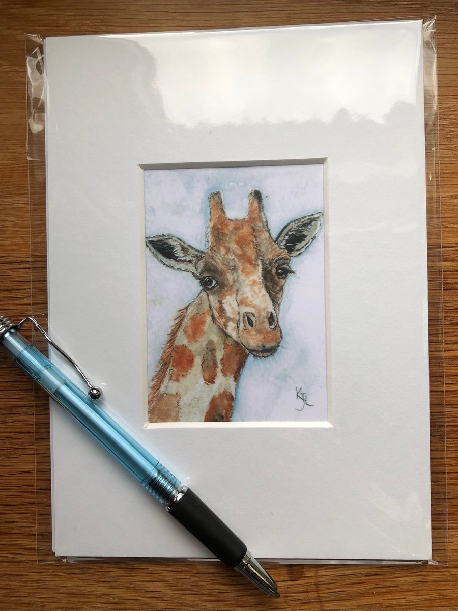 'Gilbert Giraffe' Mounted print of miniature watercolour - FREE UK POST