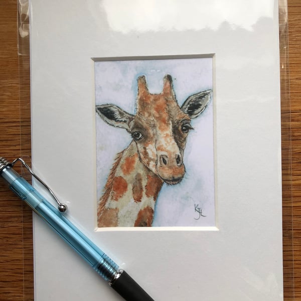 'Gilbert Giraffe' Mounted print of miniature watercolour - FREE UK POST